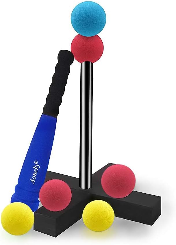 Aoneky Soft Foam T Ball Set for Toddlers 1-3 Years, Mini Baseball Toy with Carry Bag, Safe First Baseball Toy for Boys Girls, Indoor Outdoor Toddler Toys Gifts (Blue)