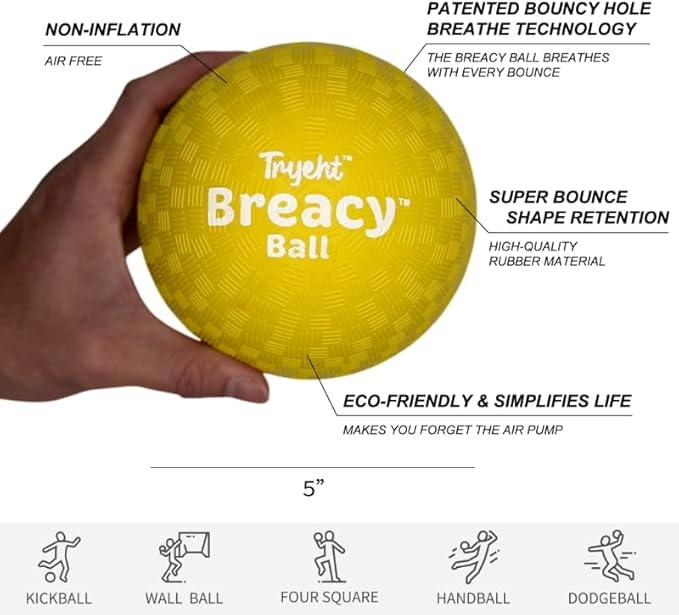 Self Inflating Ball 5", Rubber New Feel Breacy Ball, Hi Bouncy, Never Need Pump, Neon Yellow, Playground, Handball, Dodgeballs, Picnic and School Play in and Outdoor