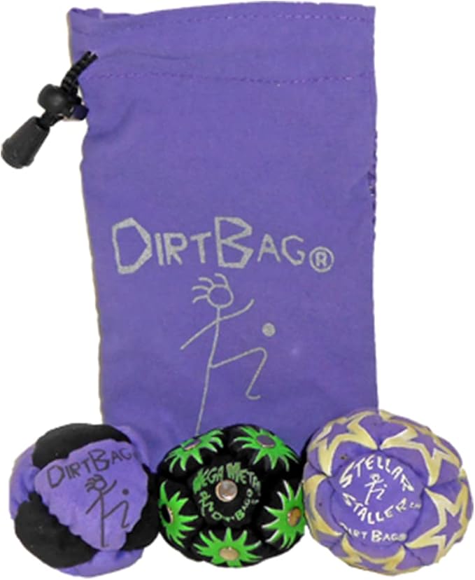 DIRTBAG All Star Footbag 3 Pack with Pouch, 100% Handmade, Premium Quality, Bright Vivid Colors, Signature Carry Bag