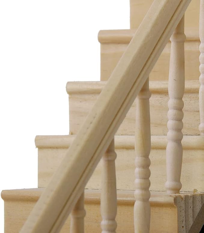 Miniature Stairs 1:12 Scale Dollhouse Furniture Wooden Handrail DIY Unpainted Staircase Dollhouse Accessories Pre-Assembled Steps Model (Right-Handrail)