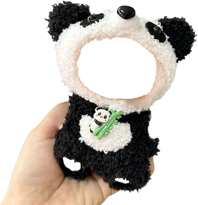 Cute Panda Doll Clothes for 17cm Plush Pendants - Fluffy Black & White 2-Piece Outfit with Bamboo Panda Pin, Animal Costume Compatible with Vinyl Face Art Toys (No Doll)
