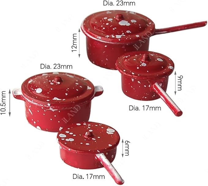 iLAND 1/12 Scale Accessories of Dollhouse Kitchen, Dollhouse Miniatures Cooking Set, Mini Metal Pots & Pans & Turners w/Stand
