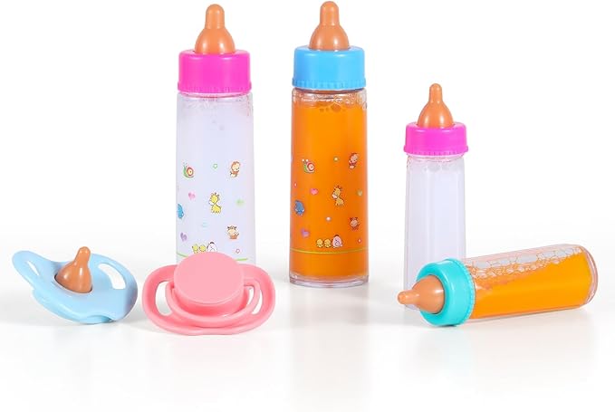 Kaydora Baby Doll Bottle Accessories - 6 Pcs Feeding Bottle Toys, Magic Disappearing Milk & Juice, Pretend Play Set with Pacifiers Kids Gift Yellow
