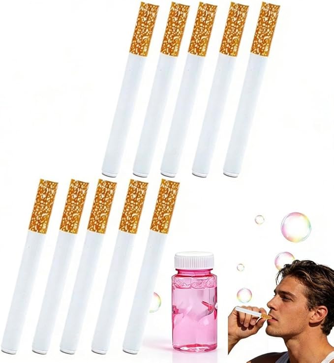 Novelty Bubbl-e Cigarett-e Toy, Realistic Fake Bubble Blower for Stress Relief, Fake Cigarettes Mini Bubble Fun Desk Fidgets for Men Women (10Pcs with Solution)