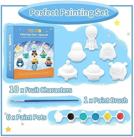 Funto Paint Your Own Space Kit Painting Kit, 13 PCS Crafts Set for Kids, STEAM Project Creative Activity DIY Toys with 6 Figurines, 6 Paint Pots, 1 Brush