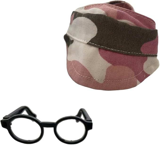 for Labubu Doll Accessories Set, 4 Colors Options Camouflage Bucket Hat and Black Sunglasses Frame(no Lenses) Casual Cap (Camouflage Pink)