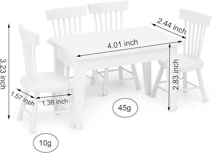 Miniature Dining Table & Chair Set for Dollhouse 1 12 Scale Wooden Furniture Model 5pcs Doll House Mini Classic Decoration Accessories DIY Hobby Gift (White)