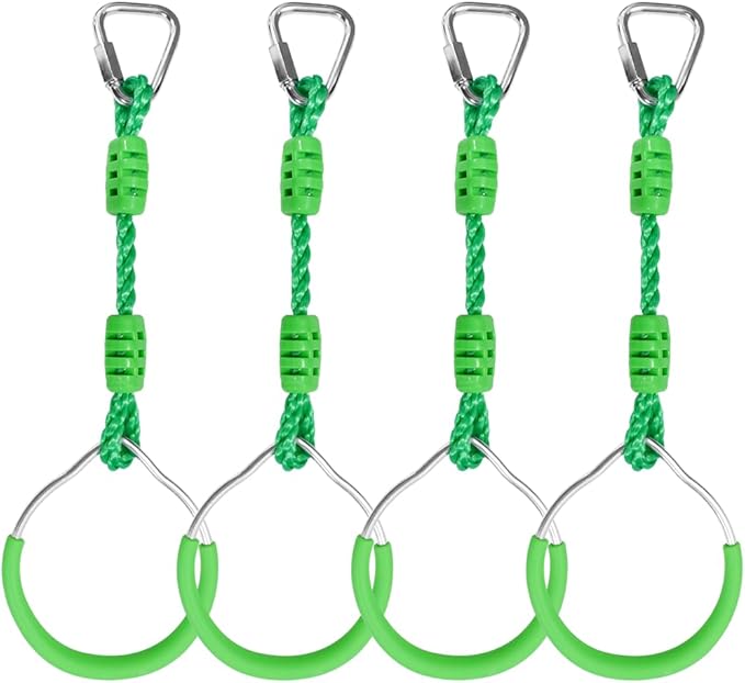 Ninja Jungle Ring Warrior Obstacle Course Trapeze Climbing Fist Swing Playset, 4 Pcs Green Fitness Gymnastic Rings Hanging Monkey Bars Indoor Outdoor Backyard Playground Gym Workout Training Equipment