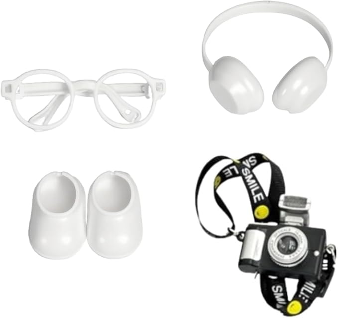 17cm Doll 4-Piece Fashion Accessory Set: Mini Glasses, Camera, 3D Printed Headphones & Mini Shoes - Perfect for Dress-Up - Mini Costume Supplies (Set of White)