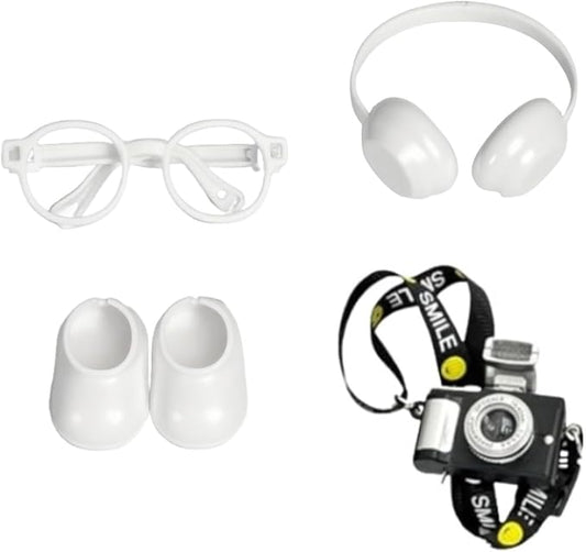 17cm Doll 4-Piece Fashion Accessory Set: Mini Glasses, Camera, 3D Printed Headphones & Mini Shoes - Perfect for Dress-Up - Mini Costume Supplies (Set of White)