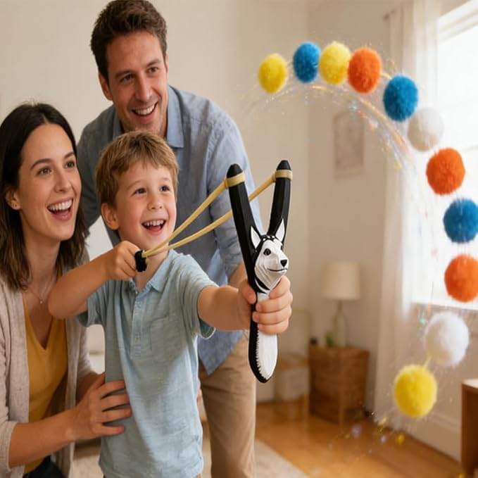 LINJAY LANJY Wooden Slingshot for Kids with Soft & Hard Balls, Safe Indoor/Outdoor Play, Fun Hunting Game for Adults & Children
