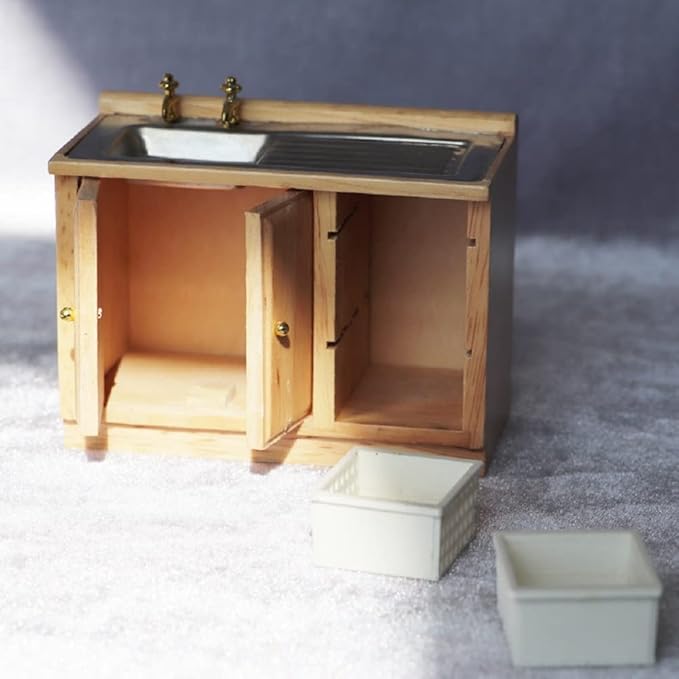 Dollhouse Kitchen Sink Miniature Bathroom Belfast Sink Ornament 1:12 Scale Mini Scene Cabinet Basin Set Sink Unit Accessories Furnishings Kit Decoration
