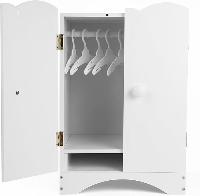 Wooden Baby Dolls Closet with 10 Hangers & Shelf, 12-16 Inch Doll Wardrobe for Baby Doll Clothes Storage, Magnetic Closure & Easy Assembly, Baby Doll Accessories Furniture