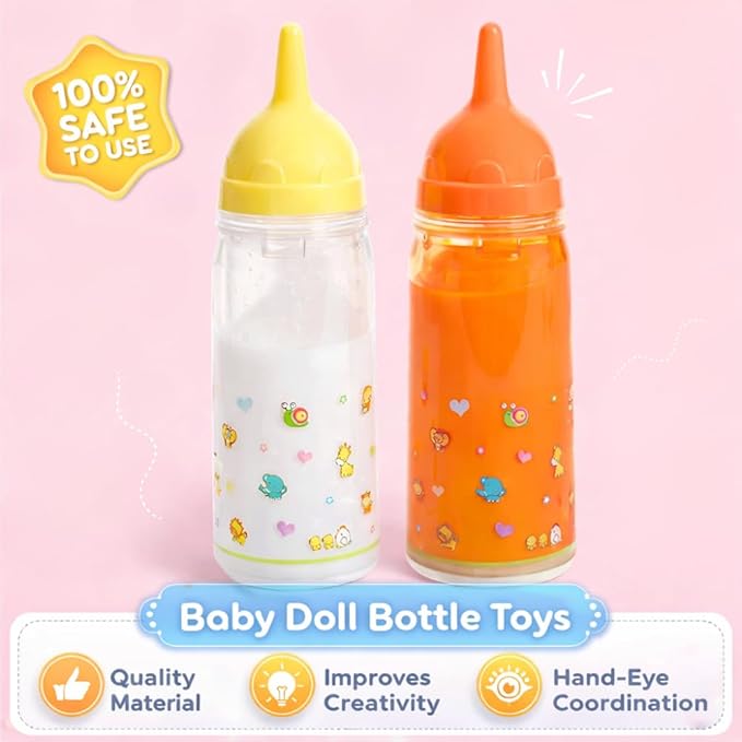 Mommy & Me Toy Magic Baby Doll Bottles with Disappearing Milk and Juice – Play Doll Feeding Set of 2