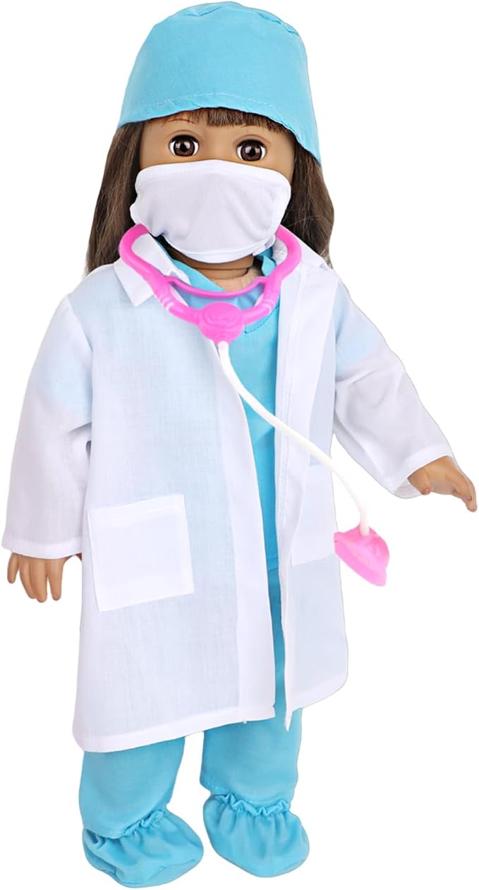 MSYO 18 Inch Doll Doctor Playset-Pretend Play Medical Kit with White Coat,Scrubs & Surgical Tools,Stem Roleplay Costume for Kids Ages 3-12,Fits Most 18-Inch Girl & Boy Dolls(Blue)