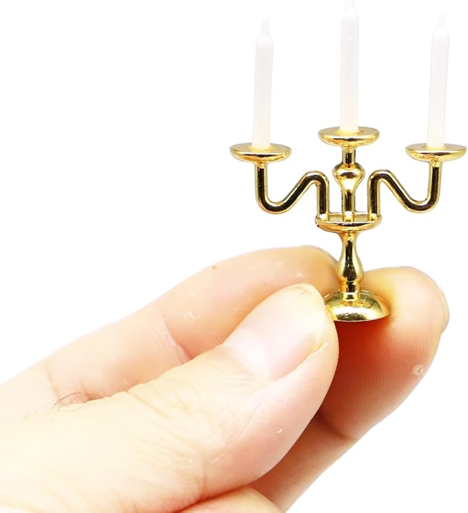 Dollhouse Candlesticks, Miniature Metal Candelabra, 1:12 Dining Candle Holder with 3 Candles, for Dollhouse Miniature Kitchen, Fairy Garden, Diorama (1PCS) (Golden)