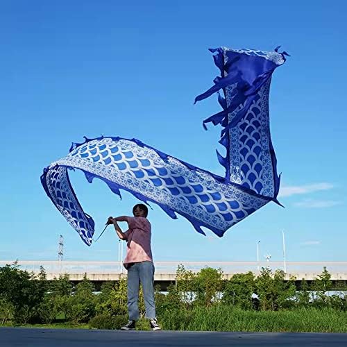 19.6 ft Blue Celadon Dragon Ribbon Poi, Outdoor Fitness Dragon POI with Fiberglass Wand 3D Real-Like Dragon Ribbon Streamer Set