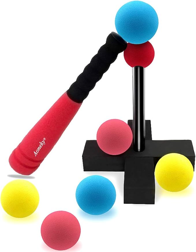 Aoneky Foam Tball Set for Toddlers 1-3 Years - First Baseball Toy with Soft Foam Bat & Balls, Stable Tee & Carry Bag, Indoor Outdoor Gift for Kids (Red)