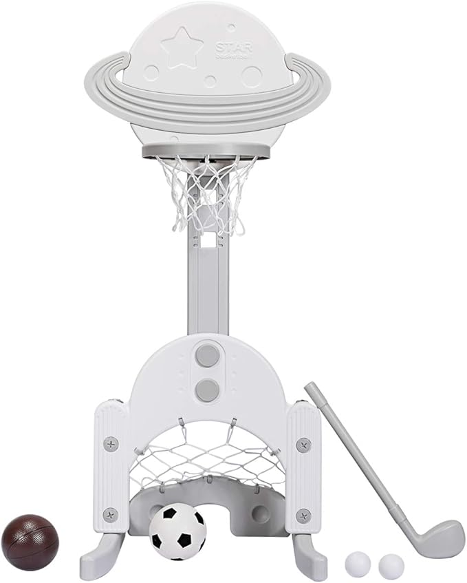 Costzon Kids Basketball Hoop, Toddler Sports Activity Center with 5 Adjustable Height Levels, Basketball Soccer Golf Game Set, Indoor Outdoor Basketball Hoop Set Best Gift for Baby Infant