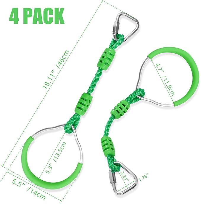 Ninja Jungle Ring Warrior Obstacle Course Trapeze Climbing Fist Swing Playset, 4 Pcs Green Fitness Gymnastic Rings Hanging Monkey Bars Indoor Outdoor Backyard Playground Gym Workout Training Equipment