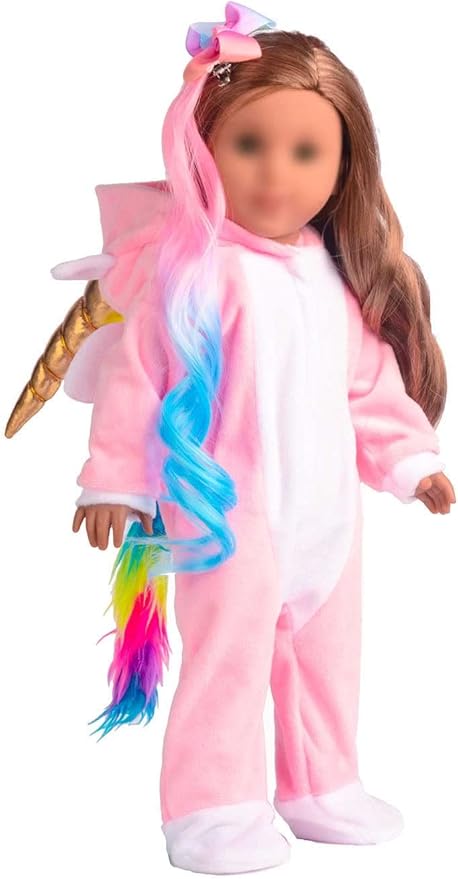 18 Inch Doll Clothes Unicorn Onesie Pajamas Rainbow Color Hair Bow Clips Costume Fits 18 Inch Doll (Doll Not Included)