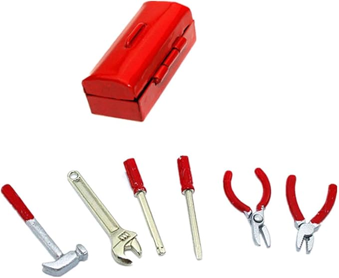 Dollhouse Decoration Accessories, 1:12 Dollhouse Miniature Scene Model Work Tools Set with Toolbox 7 Pcs (Red Tools+Red Box, As Shown)