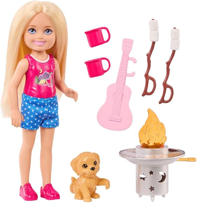 Barbie Chelsea Outdoor Adventures Playset, Family & Friends Set with Small Blonde Doll, Pet Puppy & 5+ Camping Accessories