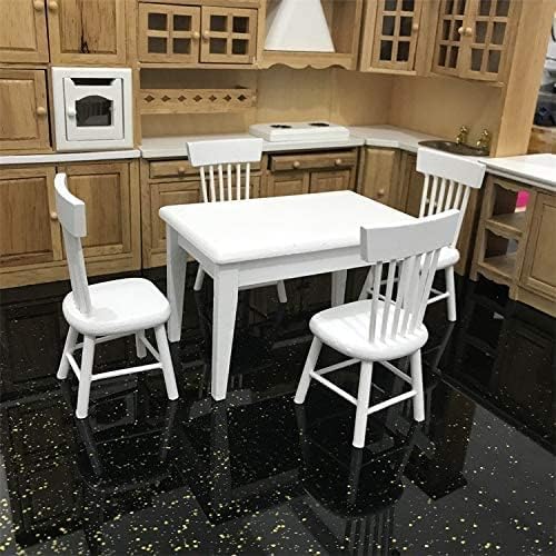 Miniature Dining Table & Chair Set for Dollhouse 1 12 Scale Wooden Furniture Model 5pcs Doll House Mini Classic Decoration Accessories DIY Hobby Gift (White)
