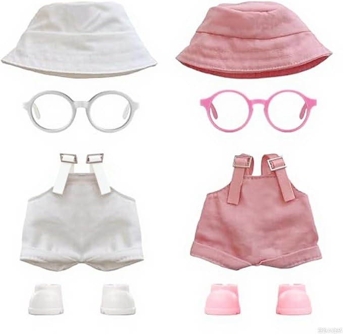 2PCS Doll Clothes Set for 17cm Dolls – Stylish Outfit with 2 Hat, 2 Overalls, 2 Shoes & 2 Glasses of Clothes Designer, Cute Clothes for Dress up Unique Style (White+Pink) (Doll Not Included)