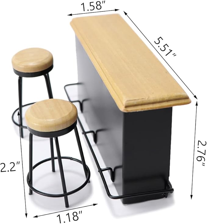 Dollhouse Furniture Metal Bar Table & Chair with Wood Top Pub Set 1:12 Scale Miniature Accessories Bar Counter Stool Mini Dining Coffee Table Model Layout Props Desktop Decor