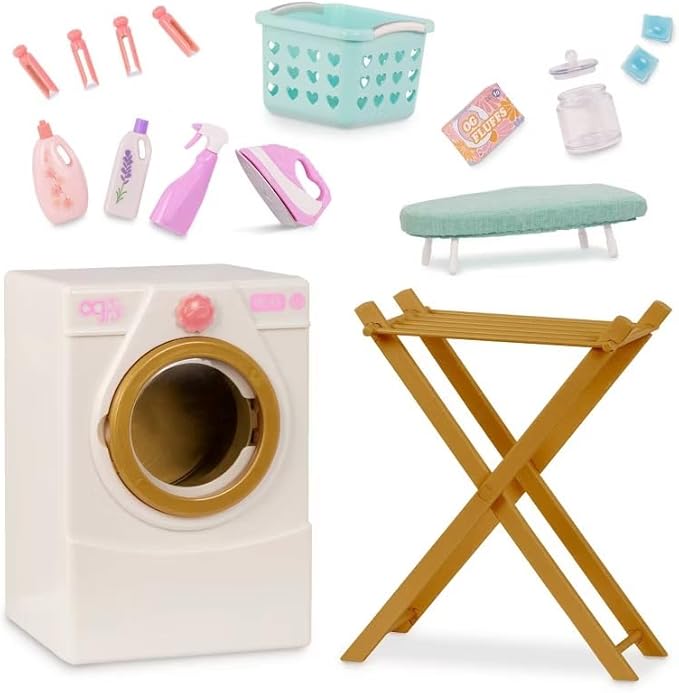 Our Generation 18" Doll Laundry Set - Tumble & Spin Washer, Hamper, Drying Rack, Ironing Board & Accessories - White - Plastic - Modern/Contemporary