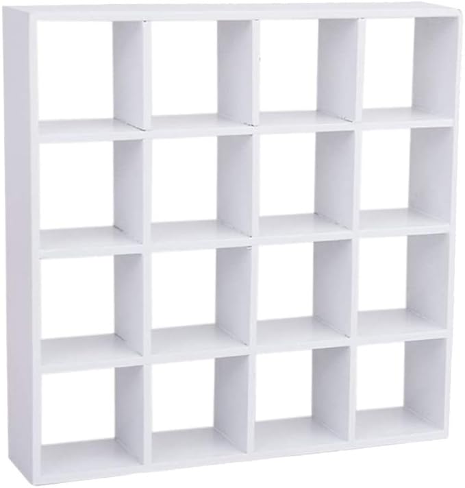 1:12 Scale Dollhouse Miniature White Wooden 16 Grid Storage Rack Shelf Exquisite Doll House Furniture Decor Organizer for Mini Figurines Cosmetics Sundries DIY Scene Layout