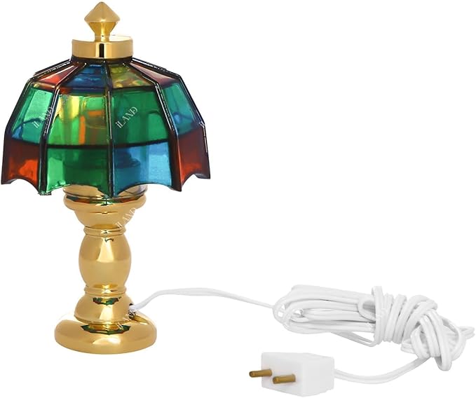 iLAND 1/12 Scale Accessories of Dollhouse Lights, Classic Miniature Lamp for Dollhouse Decoration, Beautiful Mosaic Lattice Table Lamp w/Plug