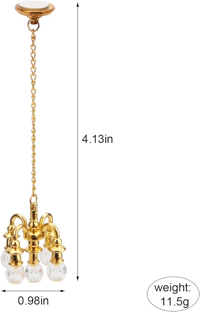 Dollhouse Miniature Chandelier 1:12 Scale Chrystaline Chandelier Pendant 5 Head Hanging Ceiling Light Luxury Decoration Ceiling Lamp Dollhouse Accessories (Golden)