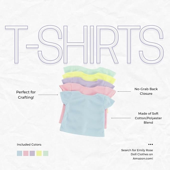 Emily Rose 18-Inch Doll Clothes 5-Pack Pastel T-Shirts - DIY Craft Kit with Pink, Blue, Green, Yellow & Purple Tees Boxed USA Brand