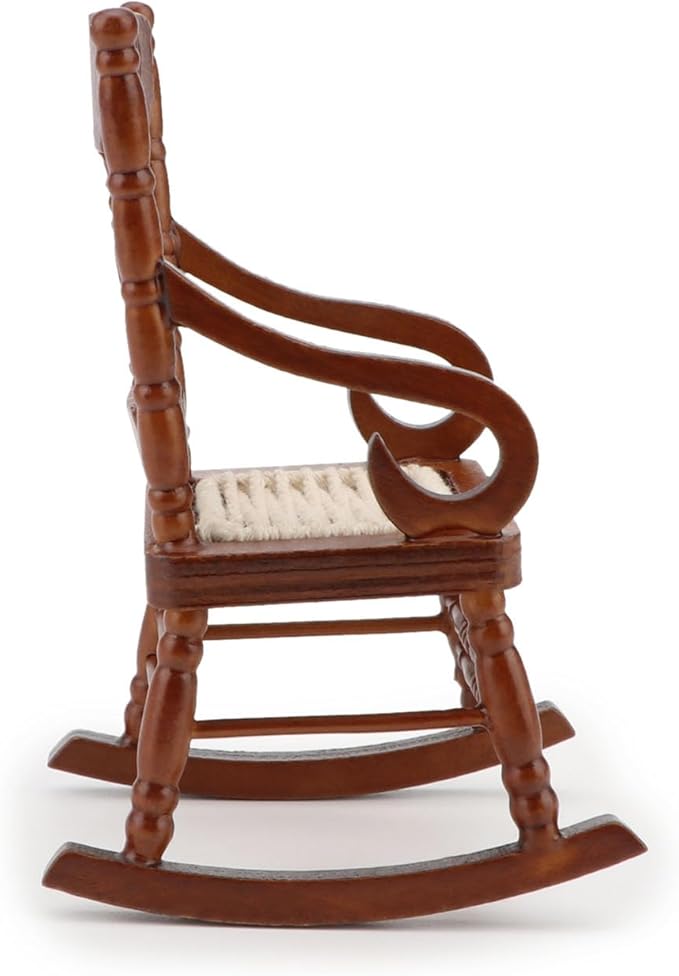 Dollhouse Miniature Rocking Chair 1:12 Scale Wooden Furniture Accessories Tiny Mini House Home Outdoor Decoration Model Living Room Scene Christmas Craft Displays (Brown)