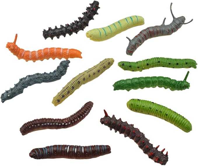 24Pcs Simulation Caterpillar Plastic Fake Worm Crawling Halloween Prank Toy Educational Learning Toys for Kids (Random Style)
