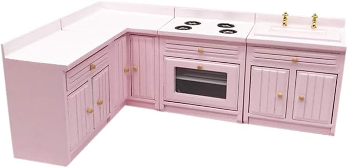 Dollhouse Decoration Accessories,1:12 Dollhouse Miniature Furniture Wooden Kitchen Cabinet Set Freely Combined (Pink)