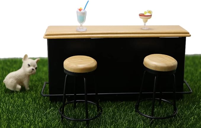 Dollhouse Furniture Metal Bar Table & Chair with Wood Top Pub Set 1:12 Scale Miniature Accessories Bar Counter Stool Mini Dining Coffee Table Model Layout Props Desktop Decor