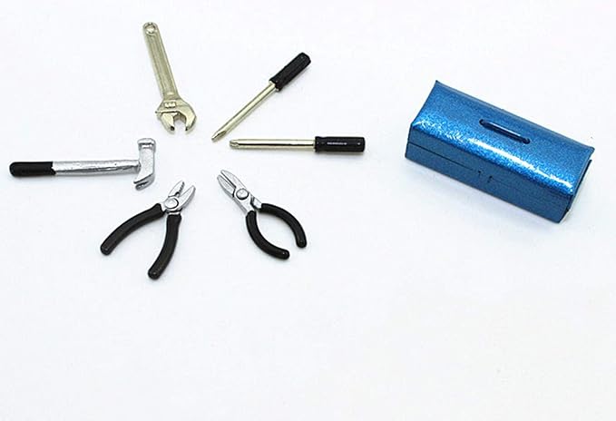 Dollhouse Decoration Accessories, 1:12 Dollhouse Miniature Scene Model Work Tools Set with Toolbox 7 Pcs (Black Tools+Blue Box, As Shown)