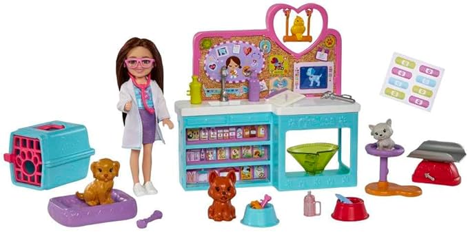 Barbie Chelsea Doll and Accessories, Pet Vet Playset with Doll, 4 Animals and 18 Pieces