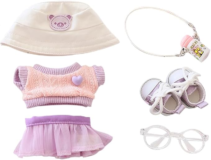 6-Piece Clothes for 17cm Dolls - Cute Hat, Glasses, Water Bottle, Sweater, Skirt & Canvas Shoes - Premium Doll Outfit Accessories for Creative Play & Display (Purple)