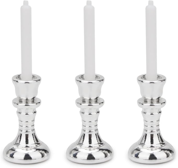 Dollhouse Miniature Candlesticks 3 PCS Candle Holder Set 1/12 Scale Vintage Candles Doll House Desk Ornament Accessories with Metal Round Base for for Fairy Garden (Silver)