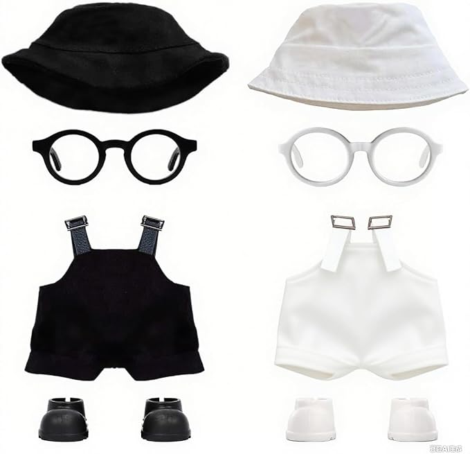 2PCS Doll Clothes Set for LABUBU 17cm Doll – Stylish Outfit with 2 Hat, 2 Overalls, 2 Shoes & 2 Glasses of Clothes Designer, Cute Clothes for Dress up Unique Style (Black+White) (Doll Not Included)