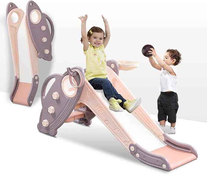 Onasti Kids Slide for Toddlers Age 1-3 Indoor Baby Plastic Slide Outdoor Climber Freestanding Playset with Basketball Hoop & Ring Game Pink