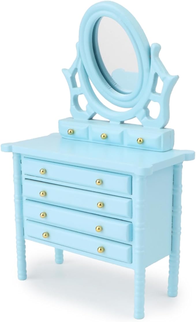 Miniature Dollhouse Vanity Table 1 12 Furniture Makeup Dressing Table with Mirror and 4 Drawers Mini House Accessories Bedroom Living Room Scene Decoration (Blue)