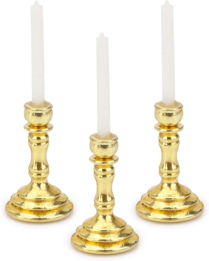 Dollhouse Miniature Candlesticks 3 PCS Candle Holder Set 1/12 Scale Vintage Candles Doll House Desk Ornament Accessories with Metal Round Base for for Fairy Garden (Golden)