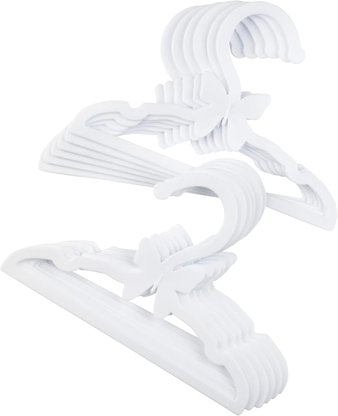 Doll Clothes Hangers for 18" Dolls -Set of 12 White Butterfly Hangers- Unique Design Compatible w American Girl Outfit Accessory Coat Hangers, Holds Shirt, Pants, Skirt - Gifts for Girls Kids Birthday