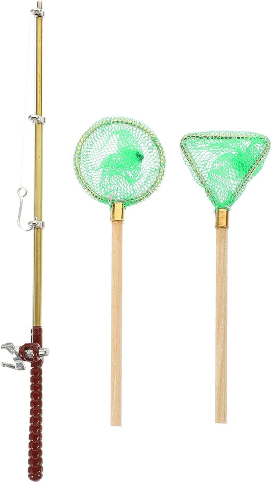 Toddmomy Miniature Fishing Rod and Net Small Decorative Dollhouse Fishing Pole Models for Fairy Garden Living and Bedroom Scene Accessories