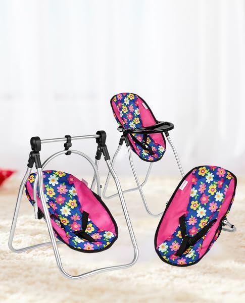 Fash N Kolor Doll Play Set 3 in 1 Doll Set, 1 Pack N Play, Doll Stroller, Doll High Chair Fits Up to 18'' Doll (Flower Swing)